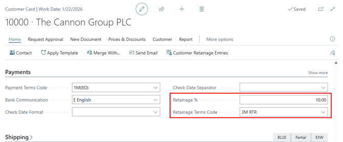 Retainage related field entry in Customer Card