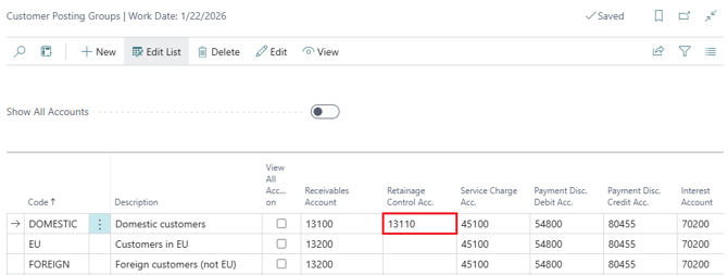 Retainage Control Account specification in Customer Posting Groups