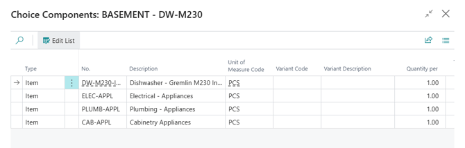 Bundles in HomeBuilder, choice components page for the dishwasher example.