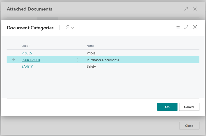 Document management, example of Category Code lookup list of choices for the attachment.