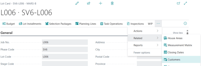 Lot Card action bar, showing the menu navigation to the Customers action.