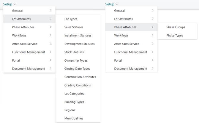 Drop-down menus for the other Setup parameters