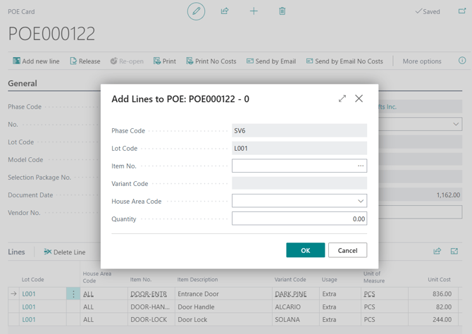 Purchase Orders and Extras, Add Lines to POE dialog.
