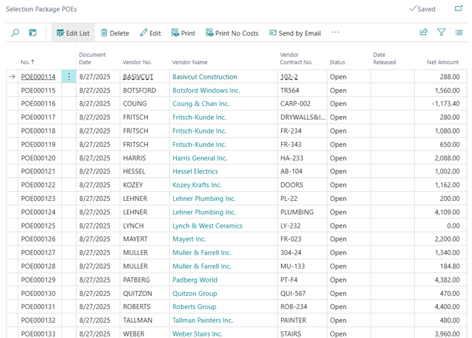 Purchase Orders and Extras, POE list page.