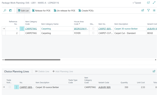 Purchase Orders for Extras, Package Work Planning page with a choice released for POE.