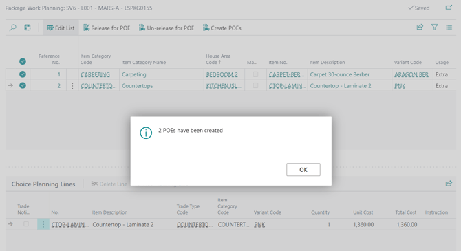Purchase Orders for Extras, message display after creation of POEs.