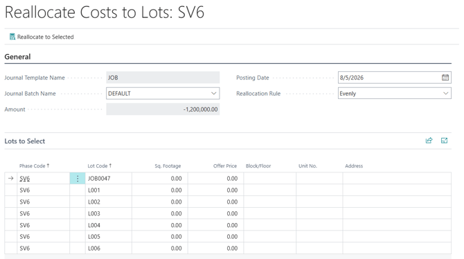 Reallocate to Lots page for Phase