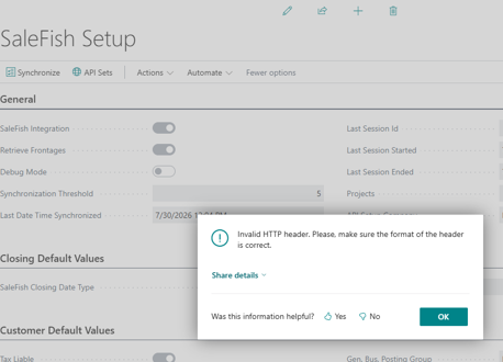 SaleFish fault finding with an invalid http header message during SaleFish Setup.