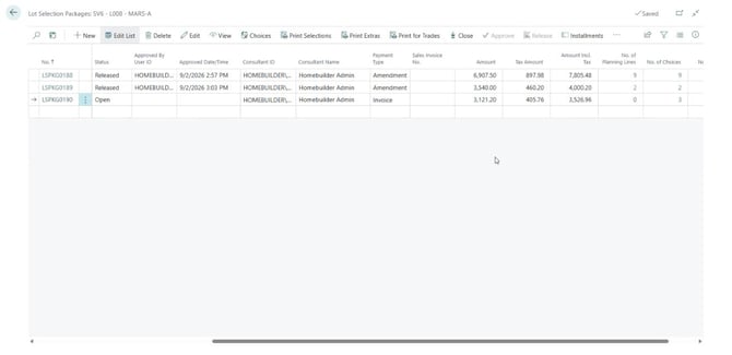 Selling in HomeBuilder using lot selection packages, showing the list of selected packages with the one for invoicing at the end.