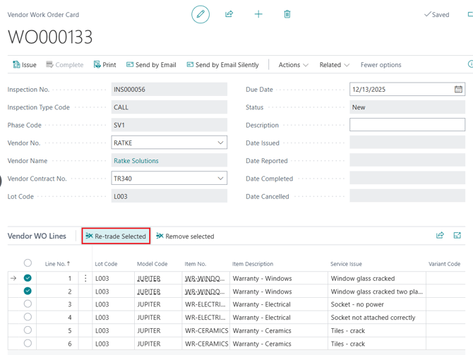 The Re-trade Selected action on the Vendor Work Order Lines.