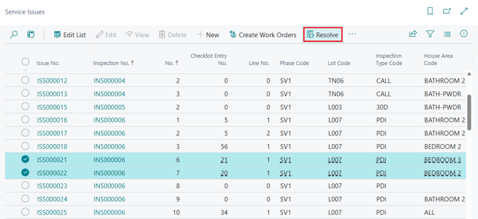 The Resolve action on the Service Issues list page.