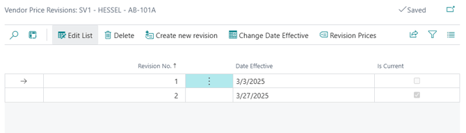 The Vendor Contracts Revision Price list page.
