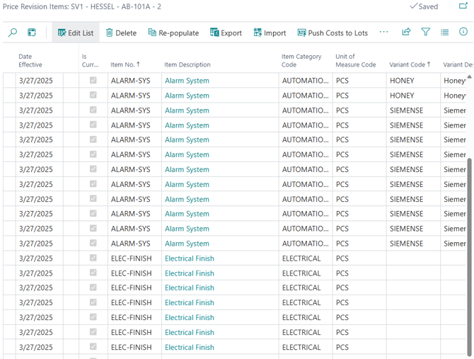 The Vendor Contracts Revision Price, Price Revision Items list page.