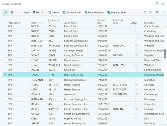 The Vendor Contracts list page.