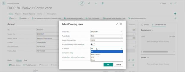 Populate from Planning Lines on a purchase invoice for vendor, planning line selection.