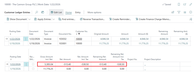 An example of the Customer Ledger Entries page.