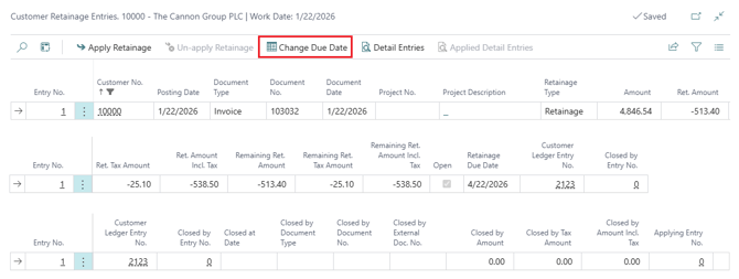 An example of the Customer Retainage Entries page.