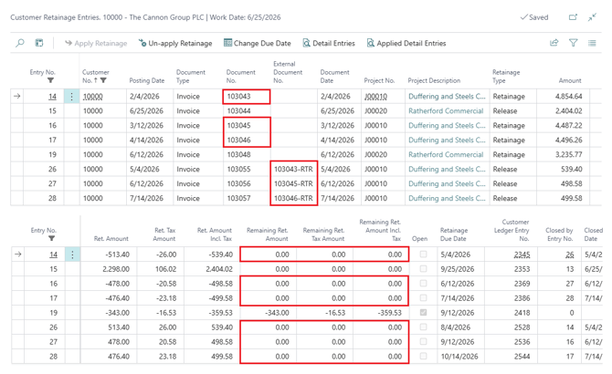 Sales Invoices visible in the Customer Retainage Entries.
