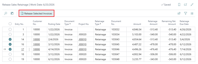 An example of line selection for Release Selected Invoices.
