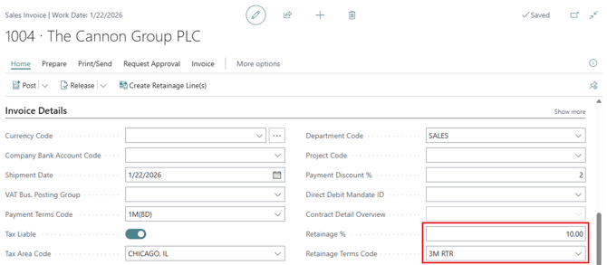 Retainage related fields in a Sales Invoice.