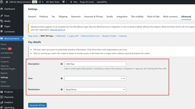 WooCommerce - Add API Key
